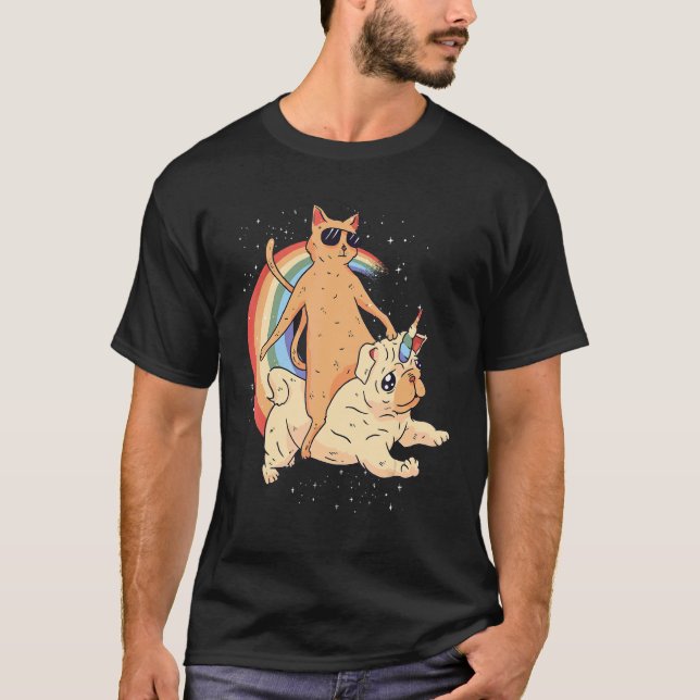 Camiseta Gato com Óculos de Sol Unicórnio Cachorro Arco-íri (Frente)