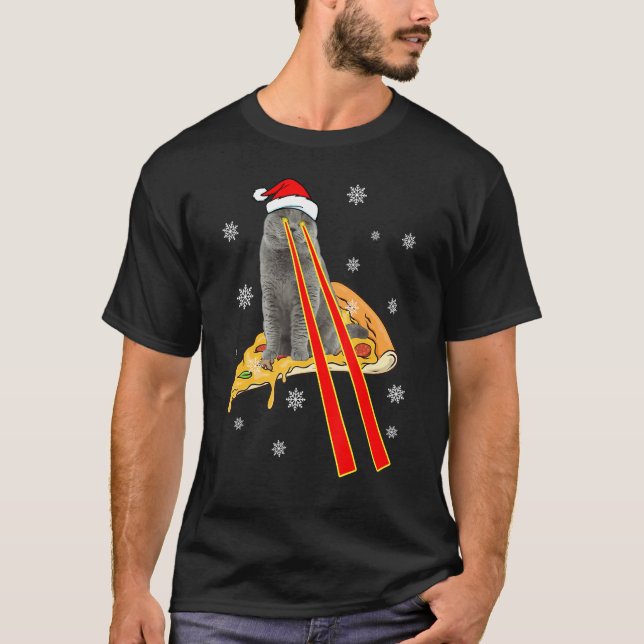 Camiseta Gato Com Olhos Laser Engraçado Pizza Natal (Frente)