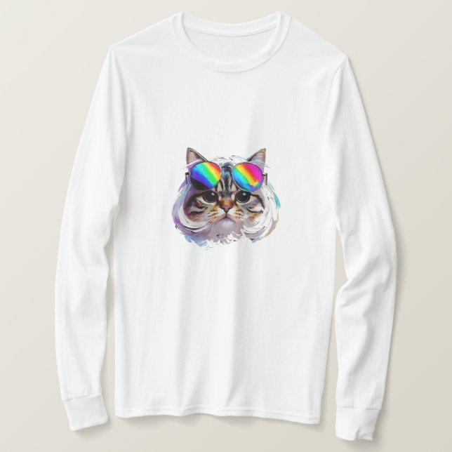 Camiseta Gato com Peruca + Óculos de Sol (Pintura #3) (Frente do Design)