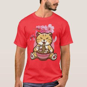 Camiseta Gato com Ramen Noodles e Sakura Cherry Blossom