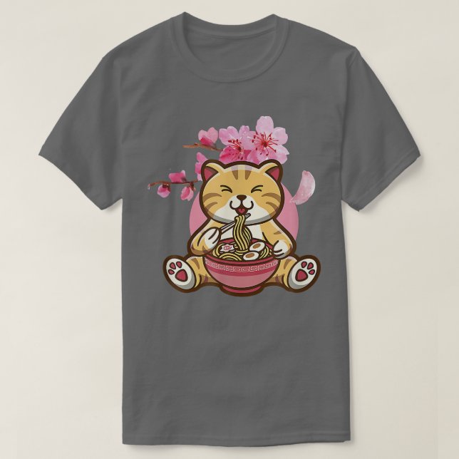 Camiseta Gato Com Ramen Noodles E Sakura Cherry Blossom 2 (Frente do Design)