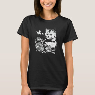 Camiseta Gato Com Rosas E Borboletas Floral