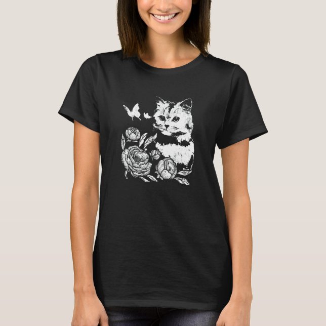 Camiseta Gato Com Rosas E Borboletas Floral (Frente)