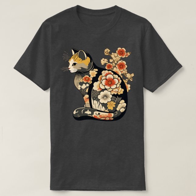 Camiseta Gato com tatuagens de flores japonesas (Frente do Design)
