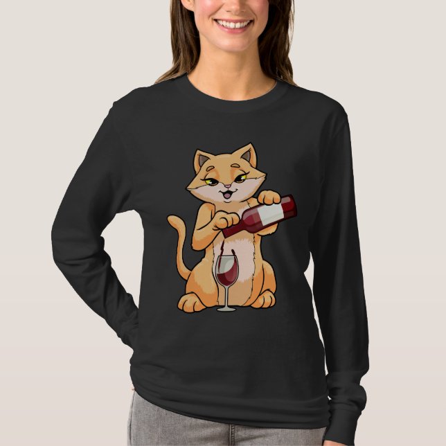 Camiseta Gato Com Vidro E Garrafa De Vinho (Frente)