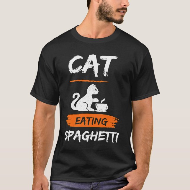 Camiseta Gato Comendo Espaguete E Macarrão Com Garfo Para G (Frente)