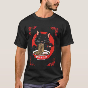 Camiseta Gato Comendo Macarrão Ramen Estilo Vintage Japonês