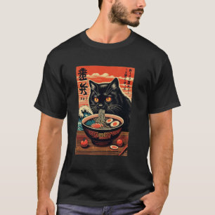 Camiseta Gato Comendo Ramen, Amante de Gatos, Estilo Japonê