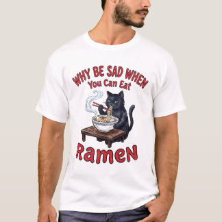 Camiseta Gato Comendo Ramen Felicidade Engraçada