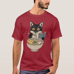 Camiseta Gato Comendo Ramen Lendo Livro