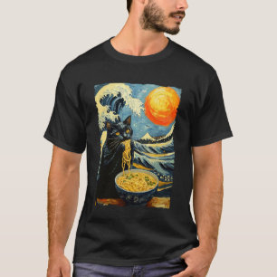Camiseta Gato Comendo Ramen Obra de Arte Onda Kanagawa Van 