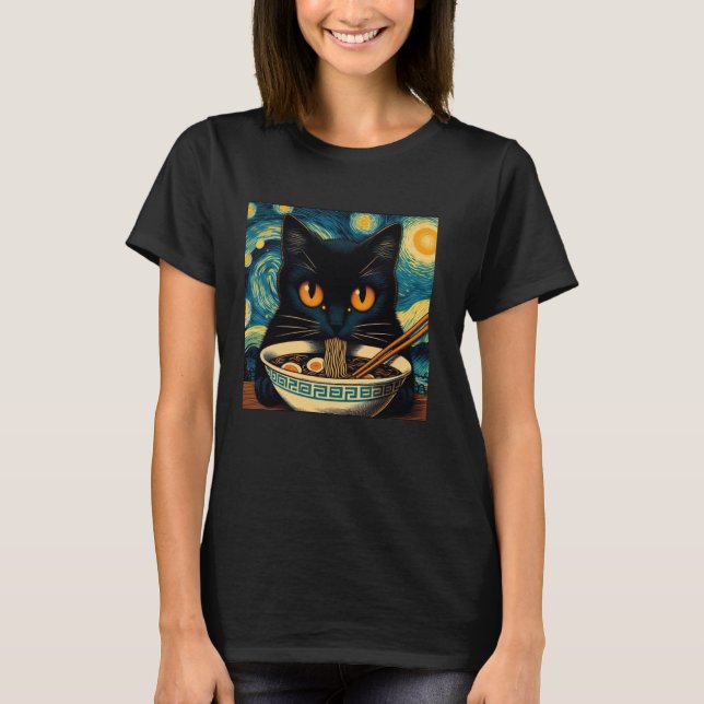 Camiseta Gato Comendo Ramen, Starry Night Van Gogh, Cat Lov (Frente)