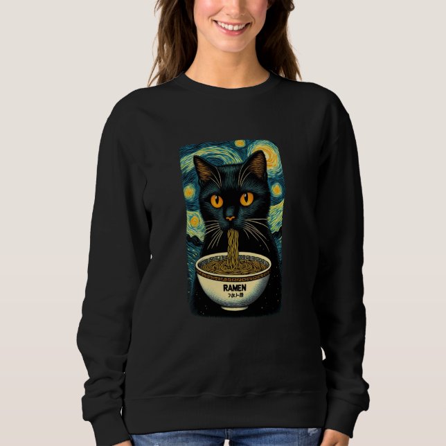 Camiseta Gato Comendo Ramen, Starry Night Van Gogh, Cat Lov (Frente)