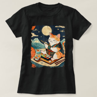 Camiseta Gato Comendo Sushi Anime Japonês Kawaii Cat Ukiyo-