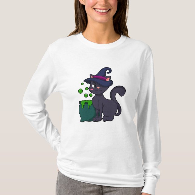 Camiseta Gato como bruxa com caldeirão (Frente)