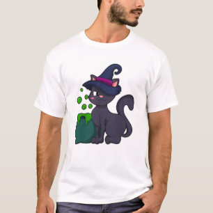 Camiseta Gato como Bruxa com Caldeirão