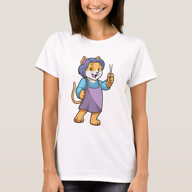 Camiseta Gato como cabeleireiro com tesoura (Frente)