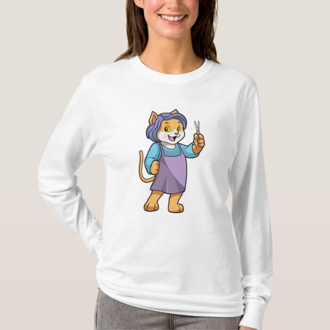 Camiseta Gato como cabeleireiro com tesoura (Frente)