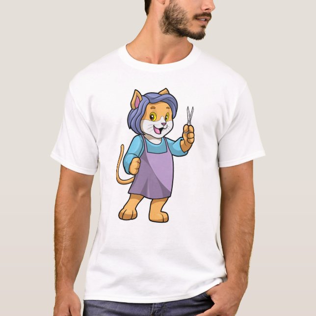 Camiseta Gato como cabeleireiro com tesoura (Frente)