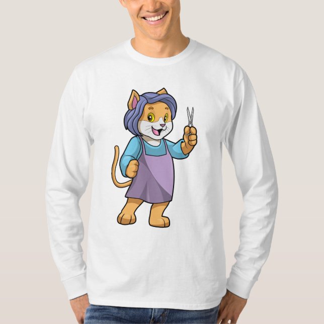 Camiseta Gato como cabeleireiro com tesoura (Frente)