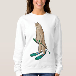 Camiseta Gato como esquiador com bastões de esqui e esqui
