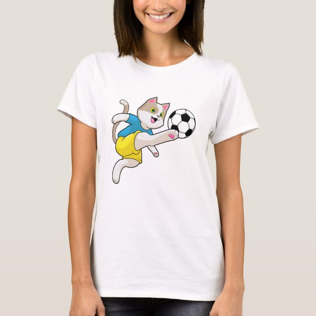 Camiseta Gato como jogador de futebol com bola de futebol (Frente)