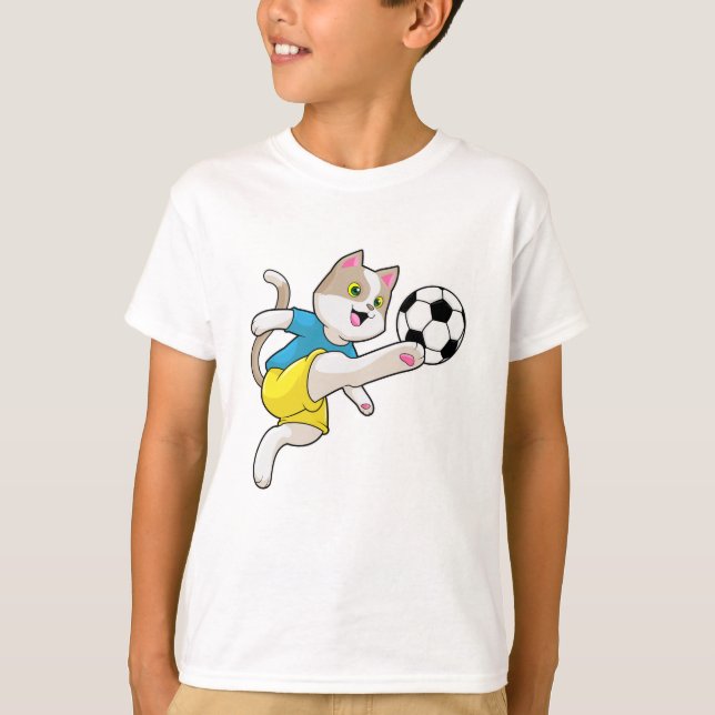 Camiseta Gato como jogador de futebol com bola de futebol (Frente)