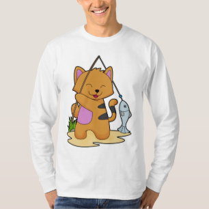 Camiseta Gato como pescador com cana de pesca e peixe