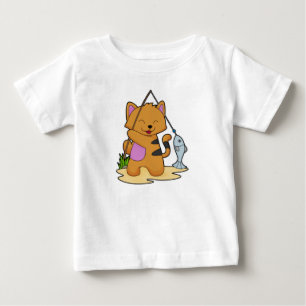 Camiseta Gato como pescador com cana de pesca e peixe