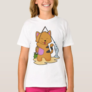 Camiseta Gato como pescador com cana de pesca e peixe