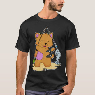 Camiseta Gato como pescador com cana de pesca e peixe