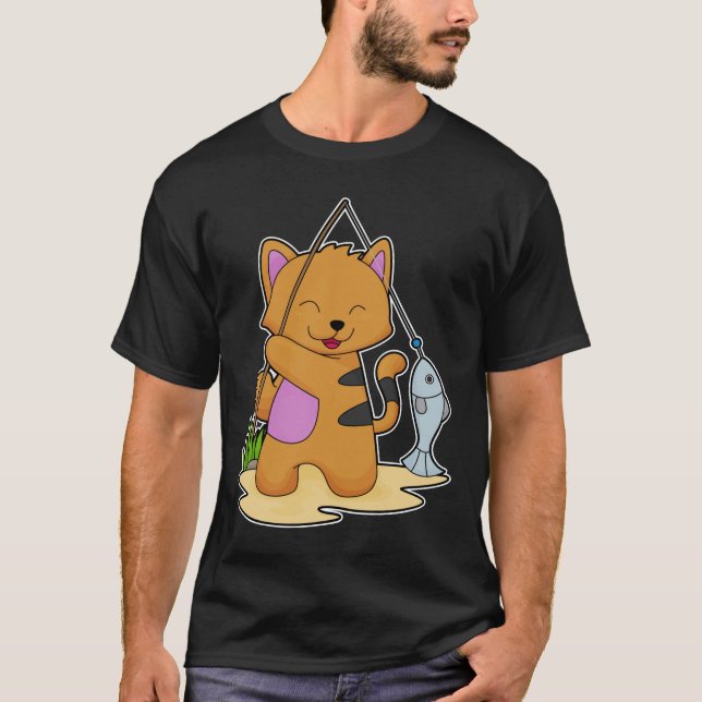 Camiseta Gato como pescador com cana de pesca e peixe (Frente)