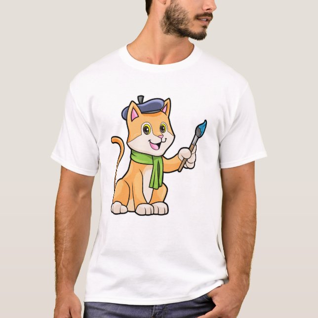 Camiseta Gato como Pintor com Pincel e Escarpo (Frente)