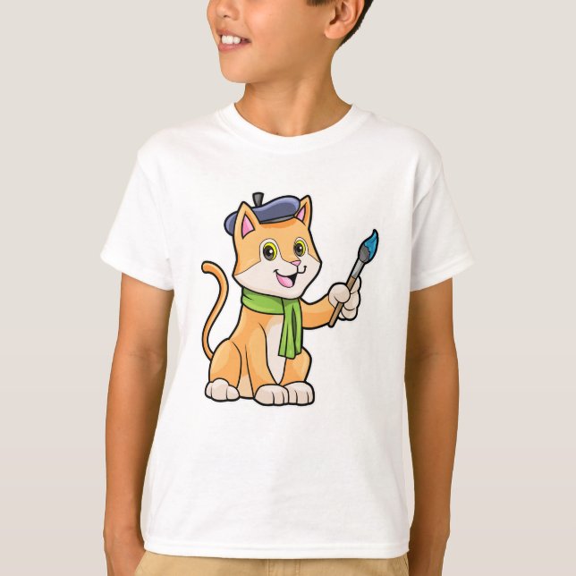Camiseta Gato como Pintor com Pincel e Escarpo (Frente)