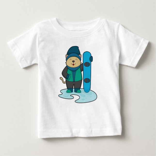 Camiseta Gato como Snowboarder com Snowboard (Frente)