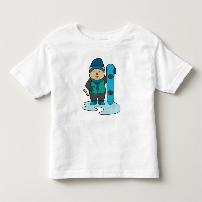 Camiseta Gato como Snowboarder com Snowboard (Frente)