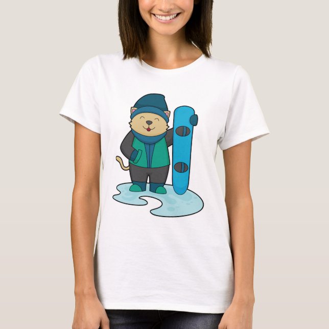Camiseta Gato como Snowboarder com Snowboard (Frente)