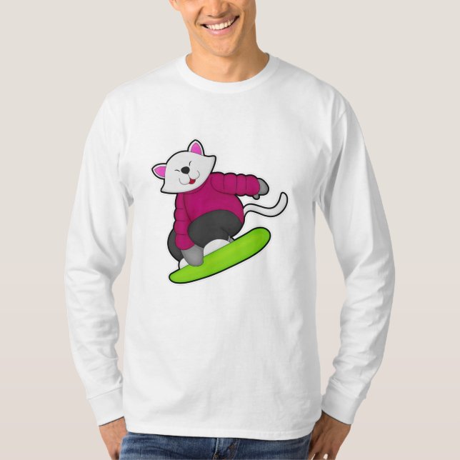 Camiseta Gato como Snowboarder com Snowboard (Frente)