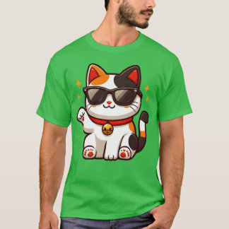 Camiseta Gato Confiante Usando Óculos de Sol e Acenando Olá