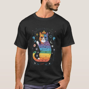 Camiseta Gato Cósmico Arco-íris com Luas e Cristais