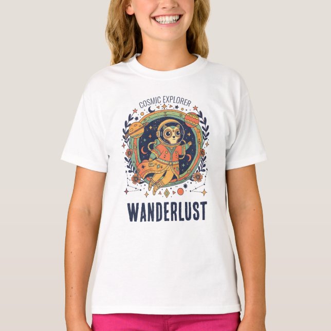 Camiseta Gato Cósmico Astronauta Explorador Espacial Wander (Frente)