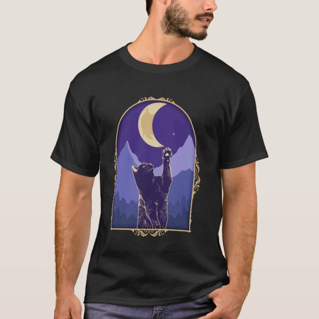 Camiseta Gato Cósmico Crescente Moon Star Mística Celestial (Frente)