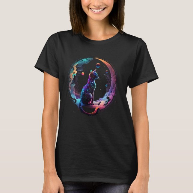 Camiseta Gato Cósmico Legal Crescente Colorida Lua e Nuvens (Frente)