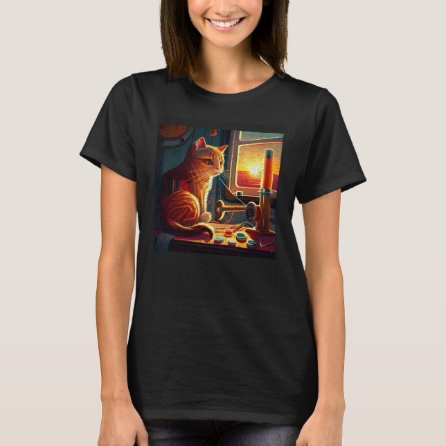 Camiseta Gato Costurando Colorido (Frente)