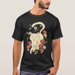 Camiseta Gato Cottagecore Com Cogumelos Arte Caprichoso