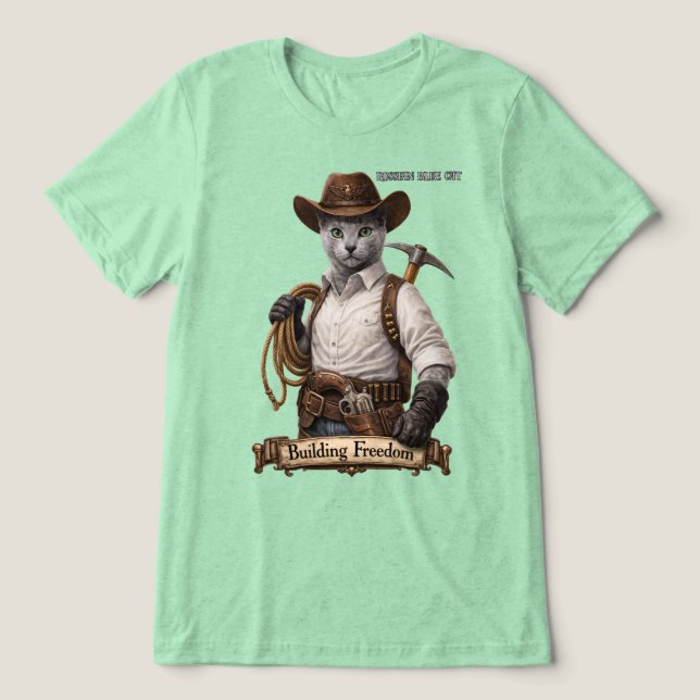 Camiseta Gato Cowboy Russian Blue – Construindo Liberdade (Design frontal)