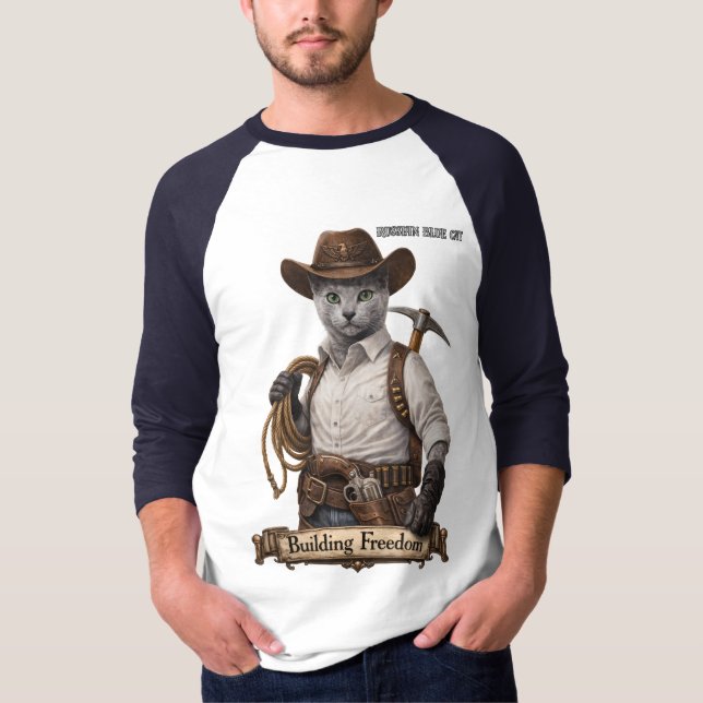 Camiseta Gato Cowboy Russian Blue – Construindo Liberdade (Frente)