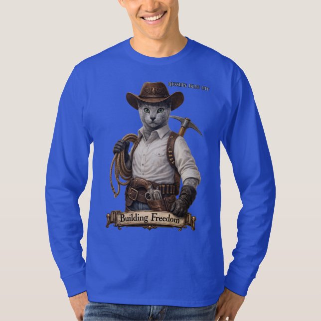Camiseta Gato Cowboy Russian Blue – Construindo Liberdade (Frente)