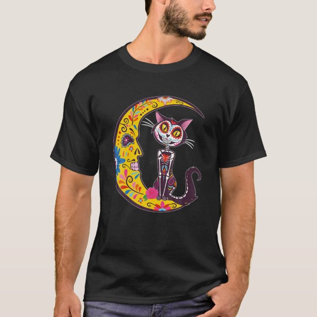 Camiseta Gato Crânio E Lua Dia De Los Muertos México (Frente)