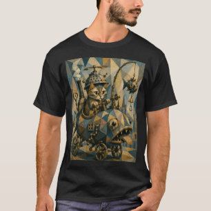 Camiseta Gato Cubista Steampunk Montando Peixe Mecânico